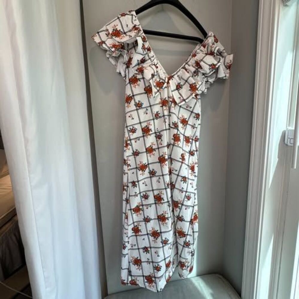 Zara White Shin-Length Dress with Florals and Stripes (Size Large)